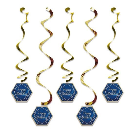 Feestbazaar Hangdecoratie Swirls Happy Birthday Navy Blauw/Goud (5st)