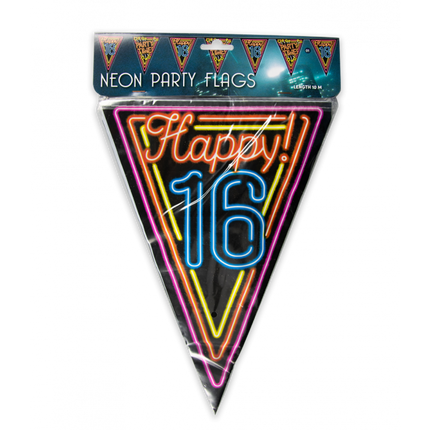 Feestbazaar Happy 16 Jaar Neon Vlaggenlijn - 10 Meter