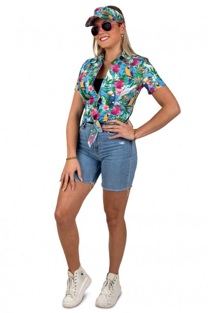 Feestbazaar Hawaii Blouse Met Zonneklep Papegaaien Blauw
