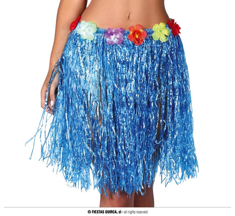 Feestbazaar Hawaii Rokje Blauw Met Bloemen 55 cm