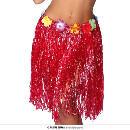 Feestbazaar Hawaii Rokje Rood Met Bloemen 50 cm