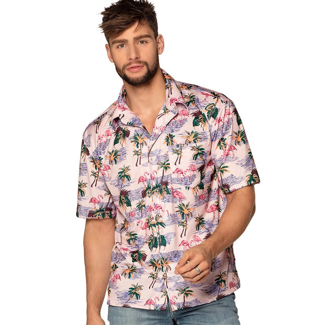 Feestbazaar Hawaiiblouse Flamingo Roze Man