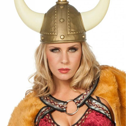 Feestbazaar Helm Viking goud met horens