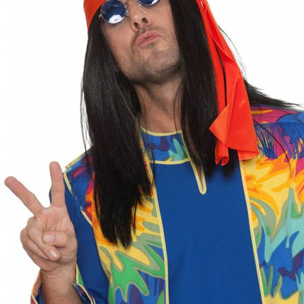 Feestbazaar Hippie pruik zwart + hoofdband