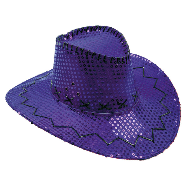 Feestbazaar Hoed Cowboy Sequin Paars