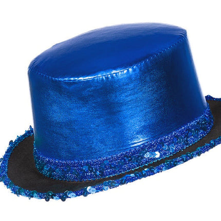 Feestbazaar Hoge hoed lamee met paillettenband blauw