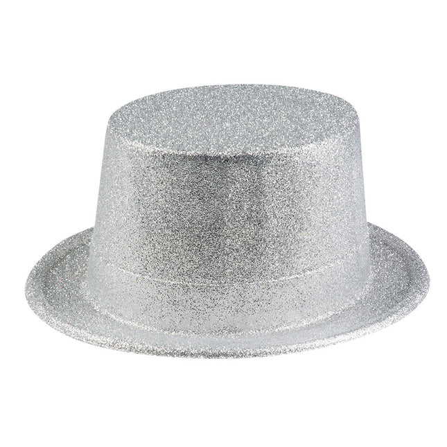 Feestbazaar Hoge hoed zilver glitter pvc