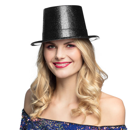 Feestbazaar Hoge hoed zwart glitter pvc