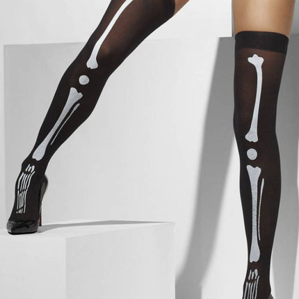 Feestbazaar Hoge kousen zwart met skeletprint