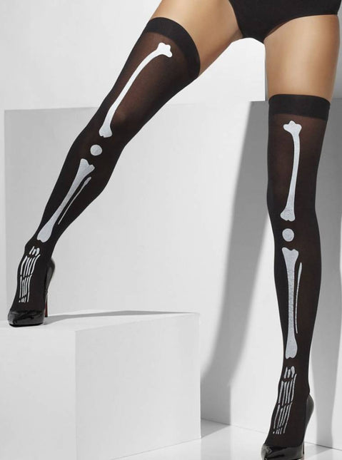 Feestbazaar Hoge kousen zwart met skeletprint