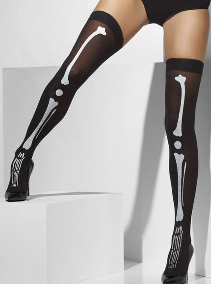 Feestbazaar Hoge kousen zwart met skeletprint