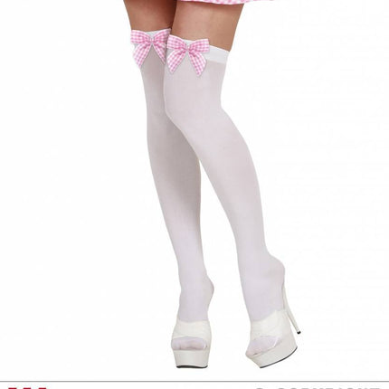 Feestbazaar Hoge witte kousen met roze strik