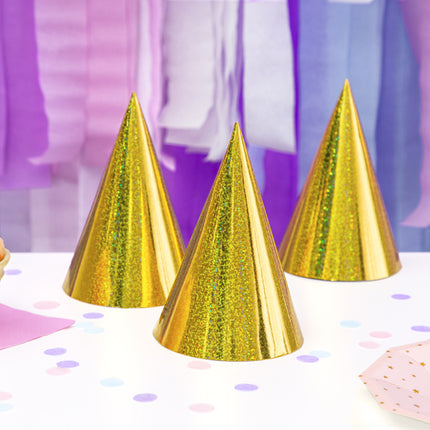 Feestbazaar Holografische Feesthoedjes Goud - 6 Stuks