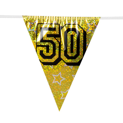Feestbazaar Holografische vlaggenlijn '50' goud (8m)