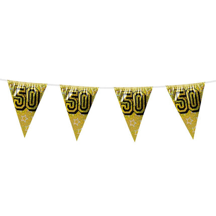 Feestbazaar Holografische vlaggenlijn '50' goud (8m)