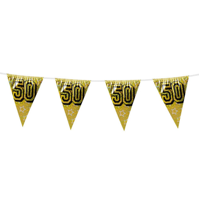 Feestbazaar Holografische vlaggenlijn '50' goud (8m)