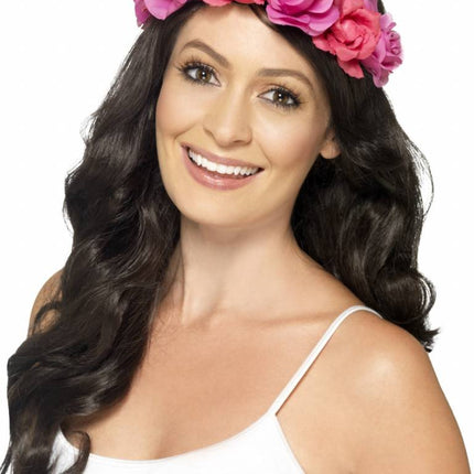 Feestbazaar Hoofdband bloemen neon pink hawaii