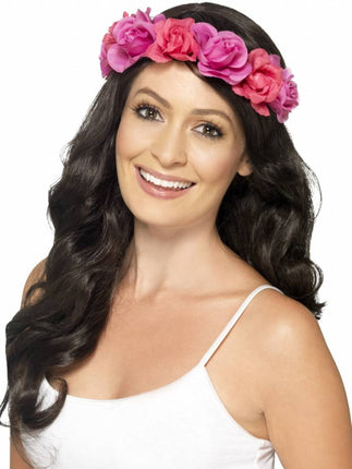 Feestbazaar Hoofdband bloemen neon pink hawaii