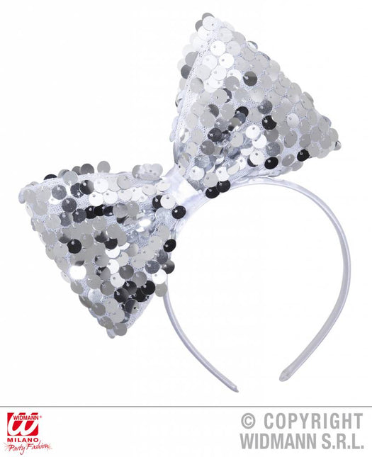 Feestbazaar Hoofdband met paillettenstrik zilver