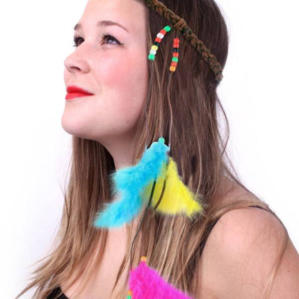 Feestbazaar Hoofdbandje hippie/ibiza met kralen en veertjes multicolour