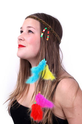 Feestbazaar Hoofdbandje hippie/ibiza met kralen en veertjes multicolour