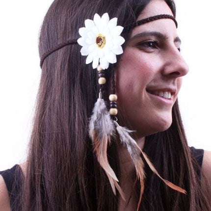 Feestbazaar Hoofdbandje met bloem en veren wit