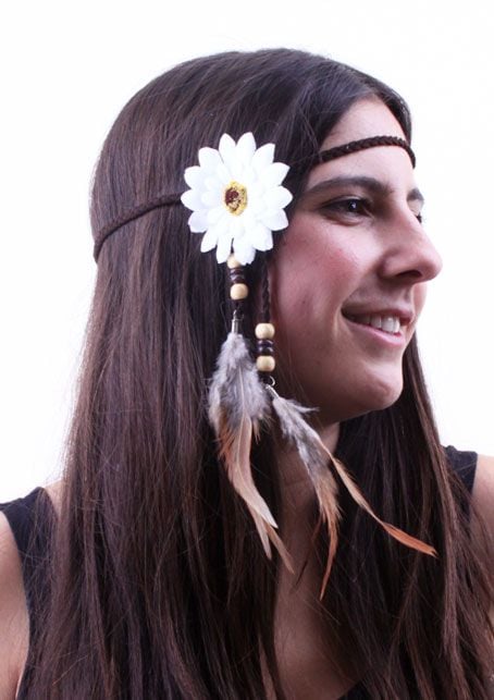 Feestbazaar Hoofdbandje met bloem en veren wit