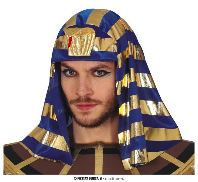Feestbazaar Hoofddoek Farao Blauw/Goud Kort