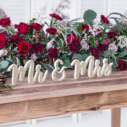 Feestbazaar Houten Decoratie Mr & Mrs Goud Glitter