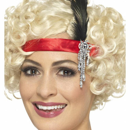 Feestbazaar Jaren 20 hoofdband rood met veer en juweel