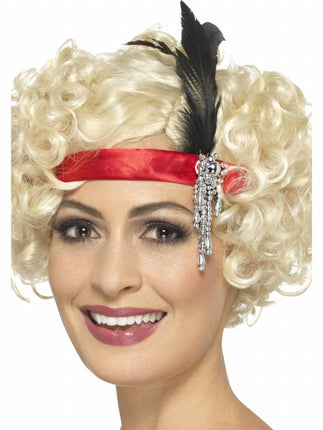 Feestbazaar Jaren 20 hoofdband rood met veer en juweel