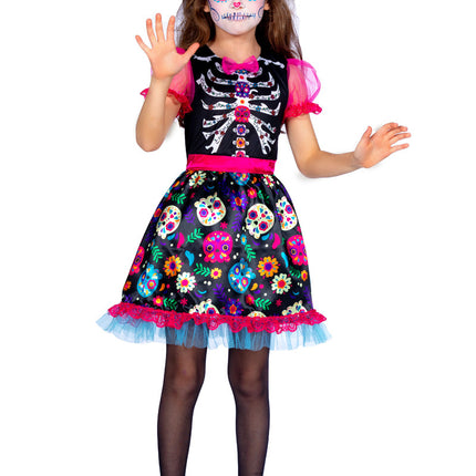 Feestbazaar Jurkje Dead Of The Dead Meisjes Skeleton Flowers