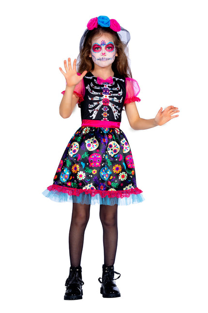 Feestbazaar Jurkje Dead Of The Dead Meisjes Skeleton Flowers