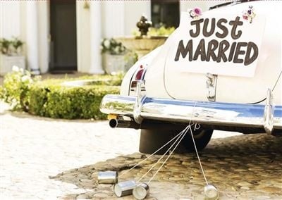 Feestbazaar Just Married Kaart Bruidswagen Blikjes