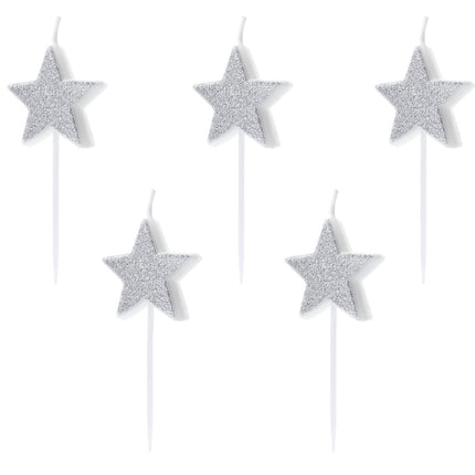 Feestbazaar Kaarsjes Sterren Glitter Zilver (5st)