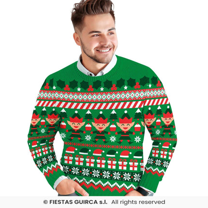 Feestbazaar Kerst Sweater Elfjes Cartoon Groen Heren