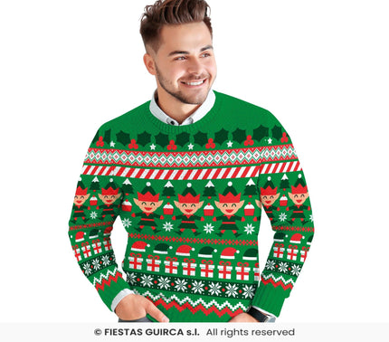 Feestbazaar Kerst Sweater Elfjes Cartoon Groen Heren