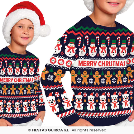 Feestbazaar Kerst Sweater Kind Merry Christmas Sneeuwpop Blauw