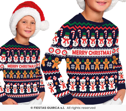 Feestbazaar Kerst Sweater Kind Merry Christmas Sneeuwpop Blauw