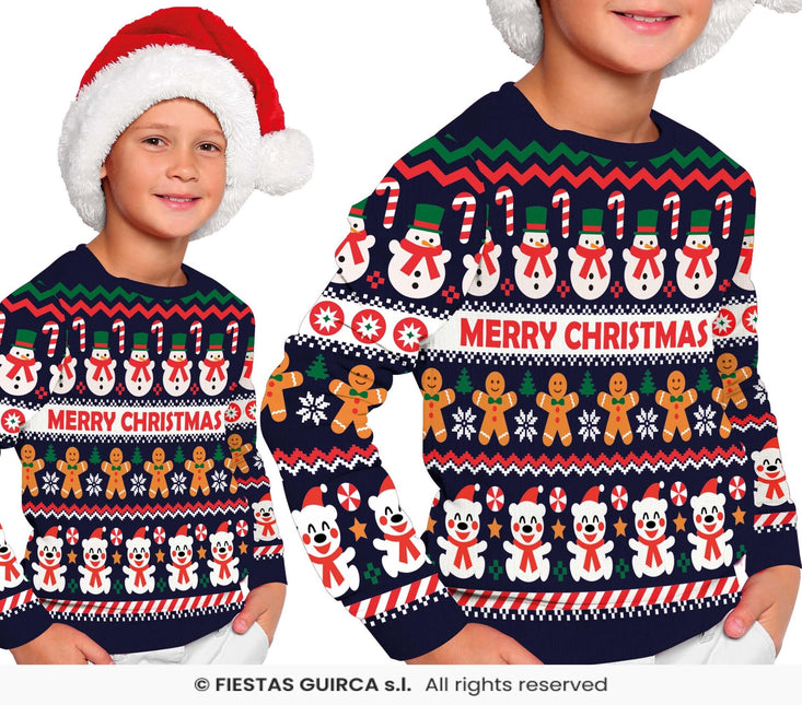 Feestbazaar Kerst Sweater Kind Merry Christmas Sneeuwpop Blauw