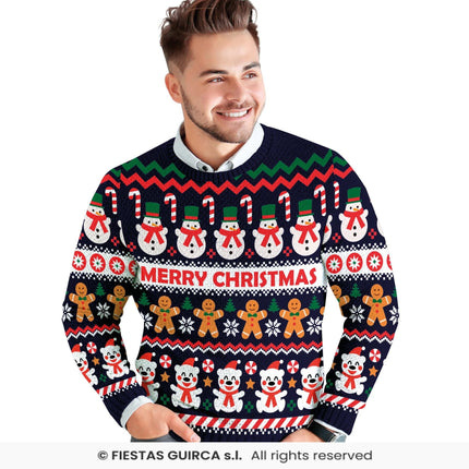 Feestbazaar Kerst Sweater Merry Christmas Sneeuwpop Blauw Heren