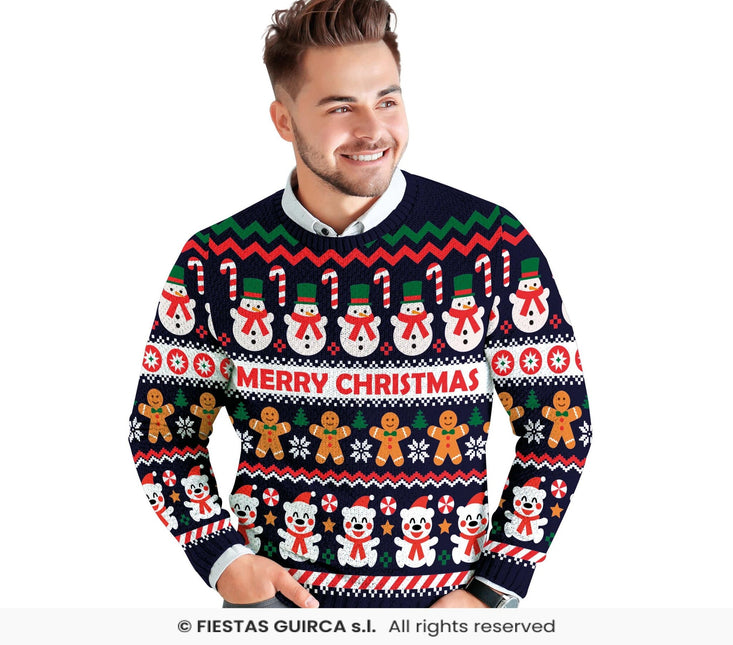Feestbazaar Kerst Sweater Merry Christmas Sneeuwpop Blauw Heren