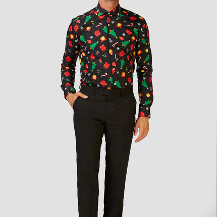 Feestbazaar Kerstmis Blouse Heren Zwart met Kerstprints Opposuits