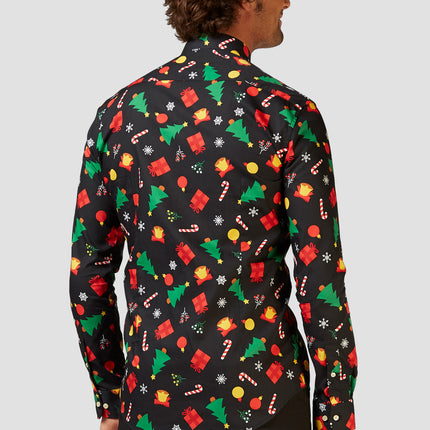 Feestbazaar Kerstmis Blouse Heren Zwart met Kerstprints Opposuits