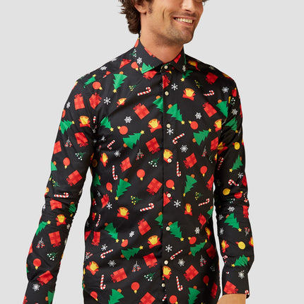 Feestbazaar Kerstmis Blouse Heren Zwart met Kerstprints Opposuits