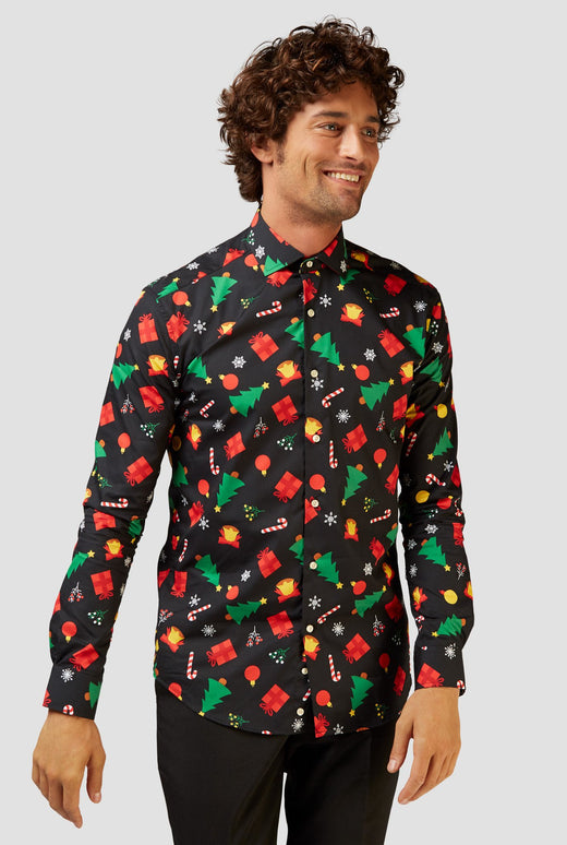 Feestbazaar Kerstmis Blouse Heren Zwart met Kerstprints Opposuits