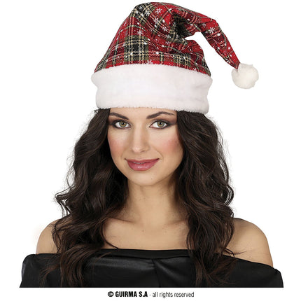Feestbazaar Kerstmuts Geruit Groen/Rood Sneeuwvlokjes