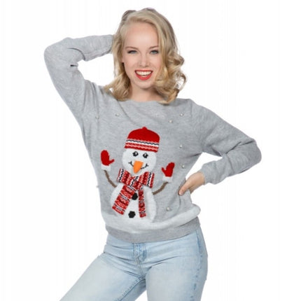 Feestbazaar Kersttrui Dames Grijs Snowman Met Parels