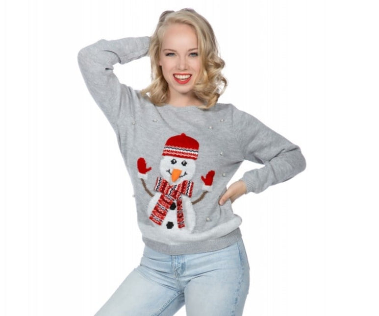 Feestbazaar Kersttrui Dames Grijs Snowman Met Parels