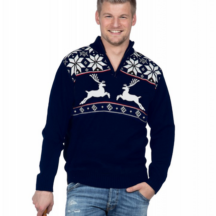 Feestbazaar Kersttrui Navy met rits Rendier